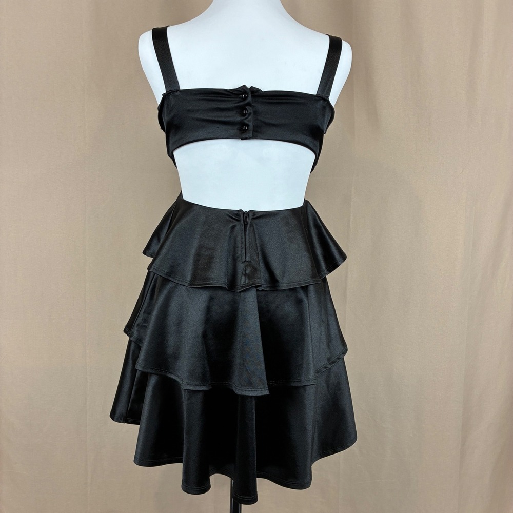 Honey and Rosie Tiered Dress M Satin Black Ruffle Cocktail Party Goth Glam - Picture 3 of 14